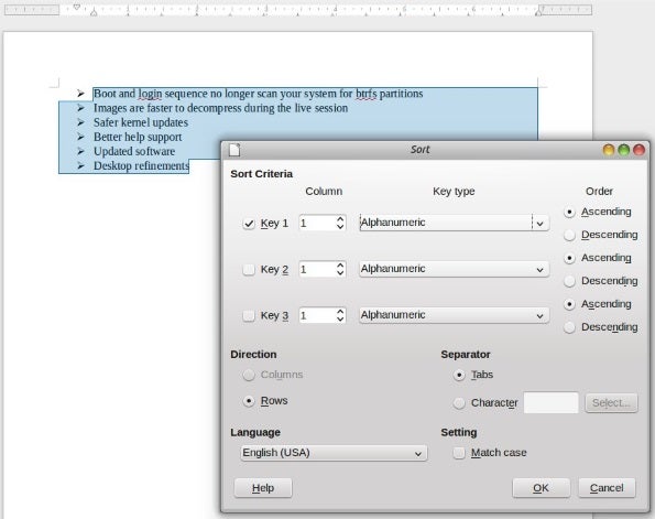 LibreOffice productivity suite: Sort feature