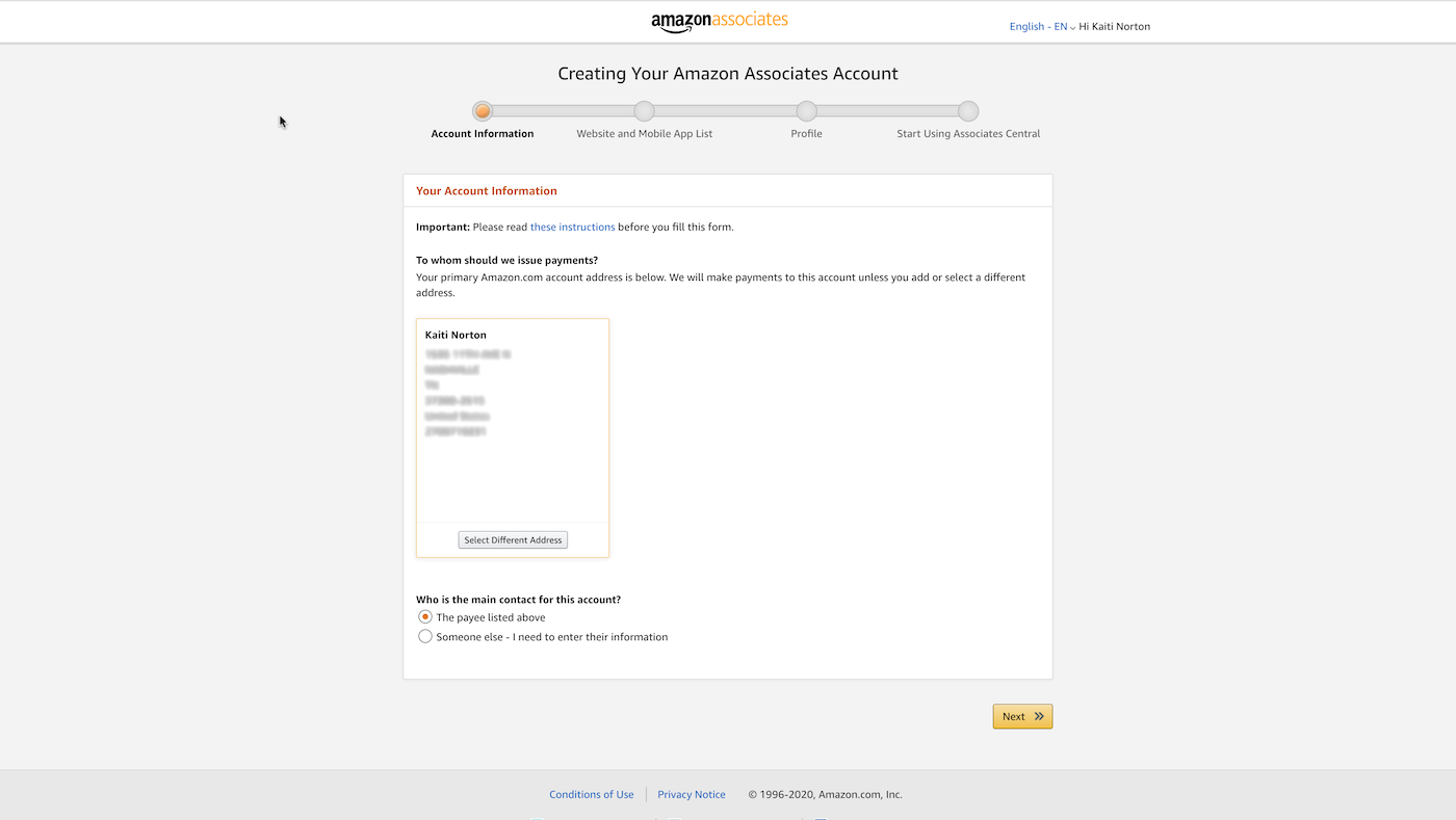 Screenshot of Amazon Associates sign up with info verification page.