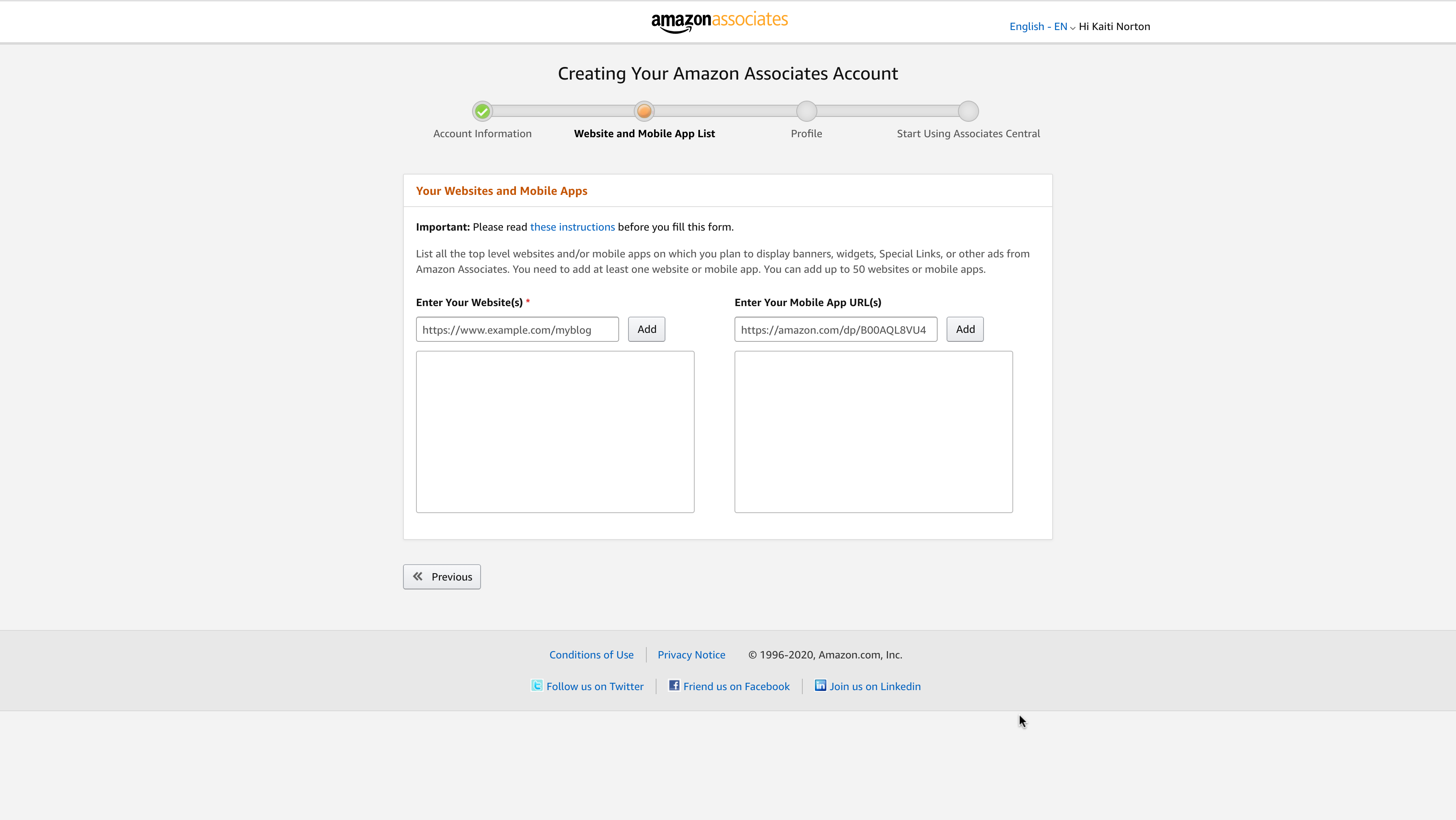 Image of Amazon Associates sign up with website URL page.