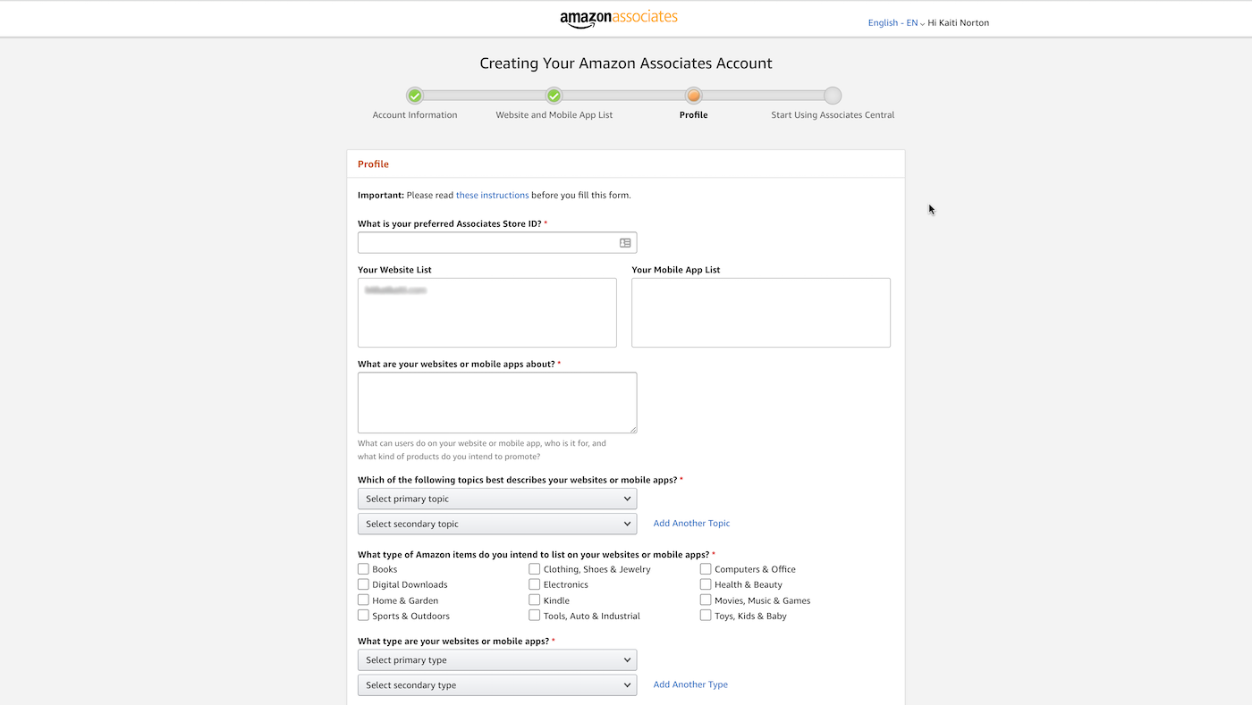 Screenshot of Amazon Associates sign up with account information page.