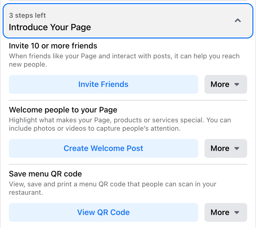 Screenshot of Facebook page introduction steps.