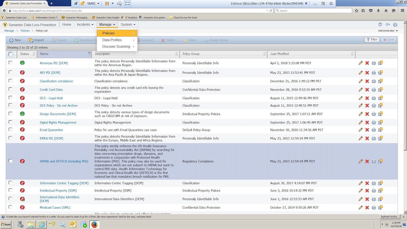 Screenshot of Symantec DLP.