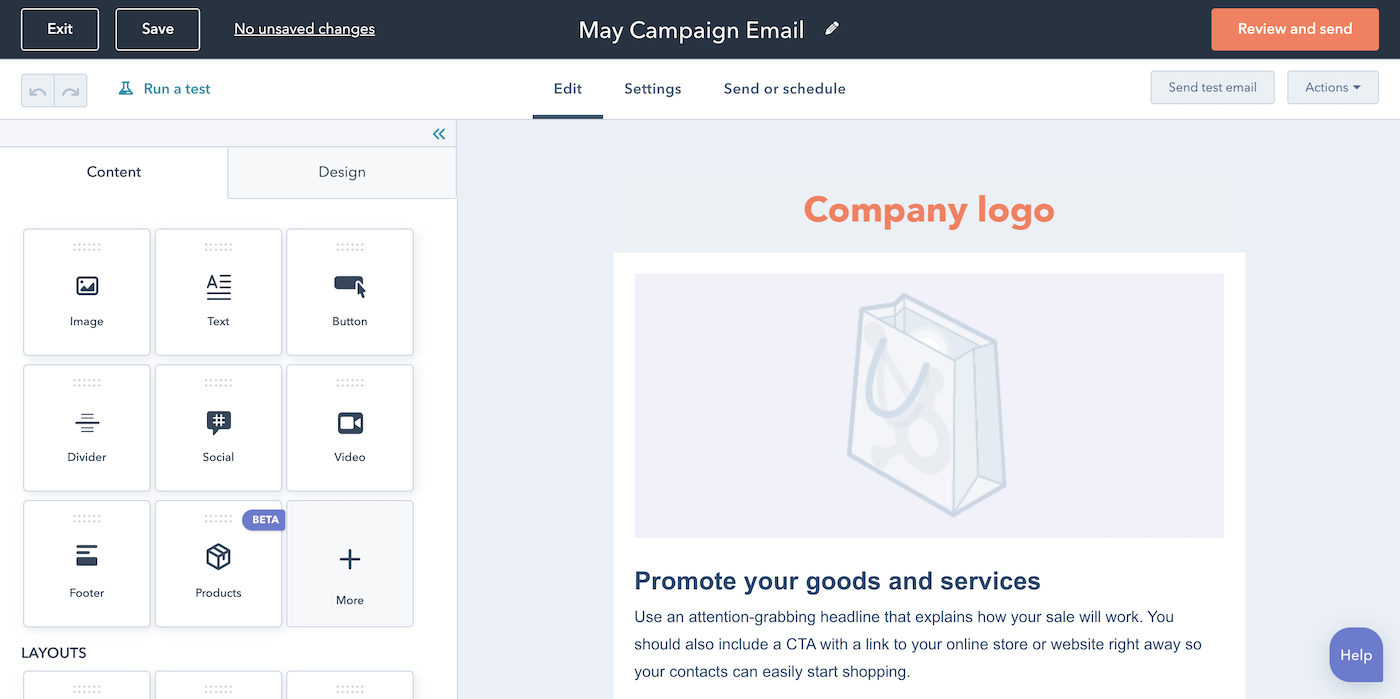 Screenshot of HubSpot email design tool.
