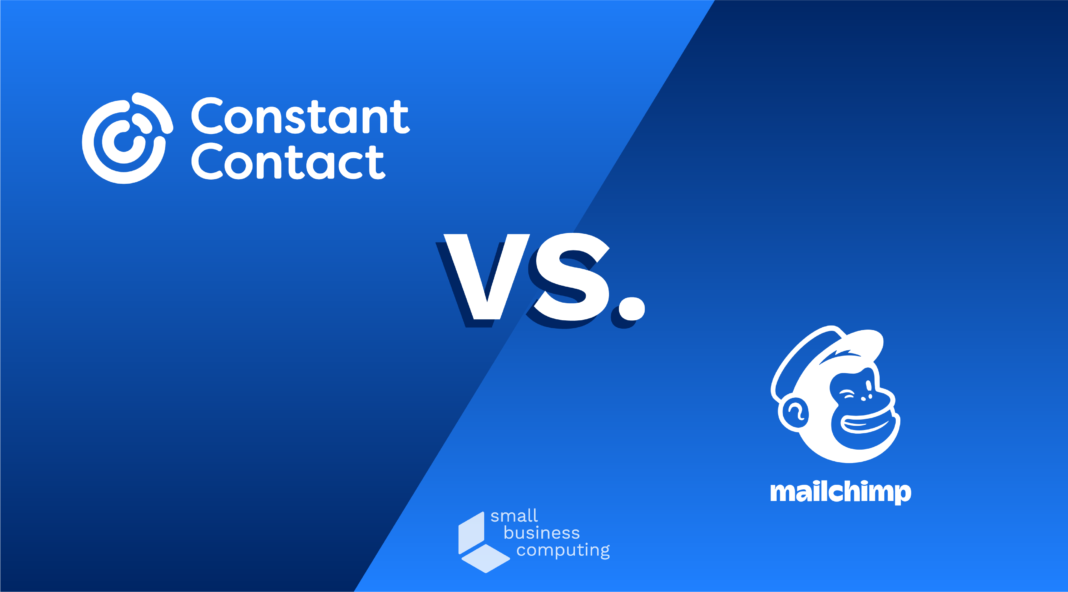 Comparison graphic with Constant Contact and Mailchimp logos.