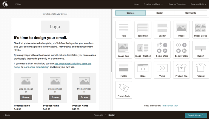 Screenshot of Mailchimp visual editor.