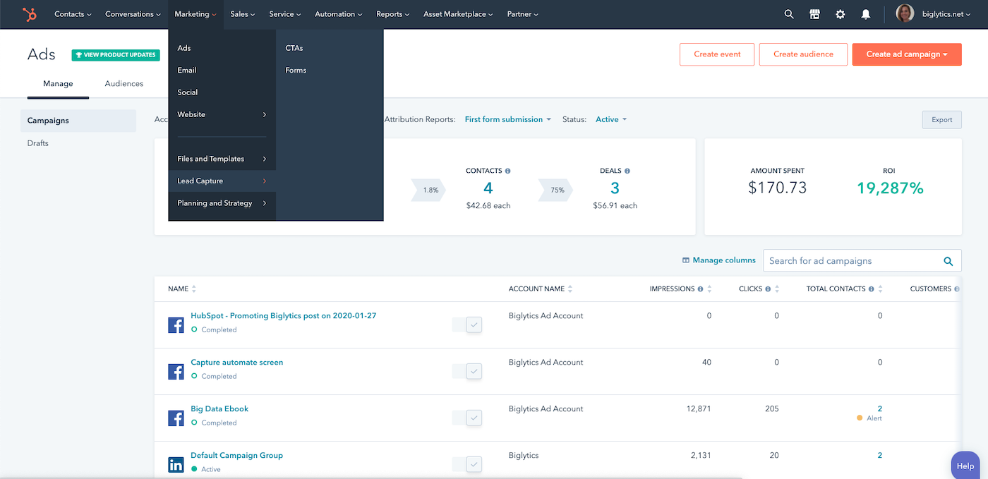 Screenshot of HubSpot Marketing Hub platform.
